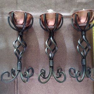 Beautiful unique wrought iron set of 3 candlesticks with wicks for lamp oil.